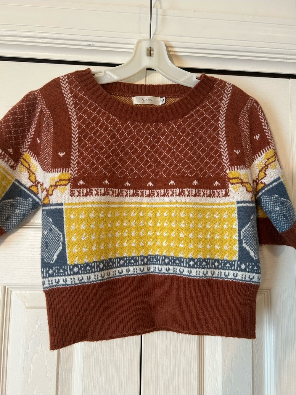 Knit Mix Cropped Size M short sleeve Sweater in Rust, Mustard & Blue Fair Isle